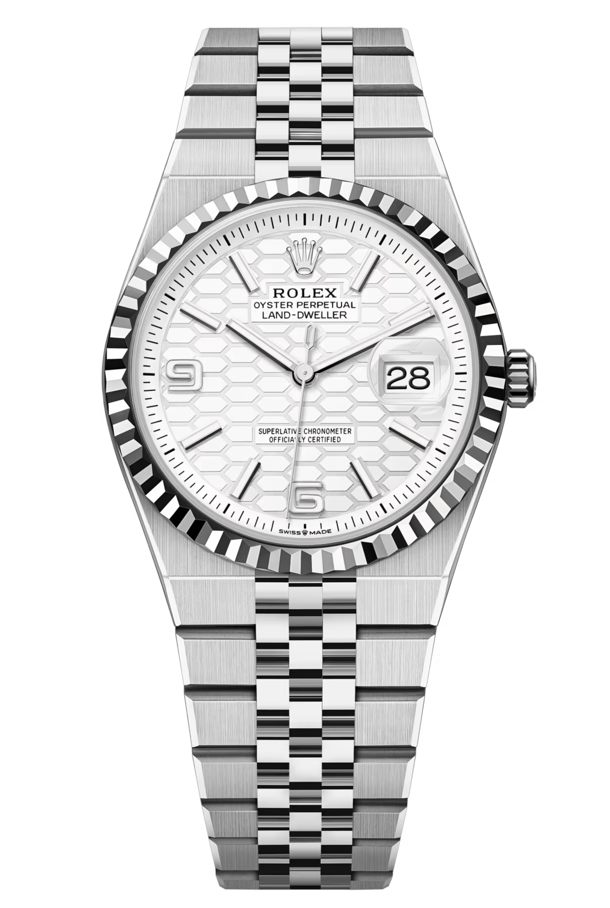 Rolex Land-Dweller 127234 36 mm White Honeycomb Dial Fluted Bezel Flat Jubilee – New 2025