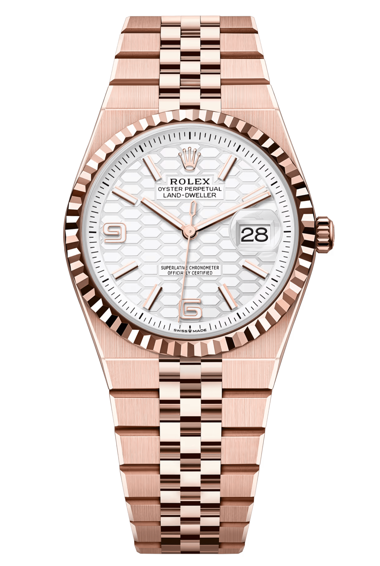 Rolex Land-Dweller 127235 36 mm Everose Gold White Honeycomb Dial Fluted Bezel Flat Jubilee – New 2025