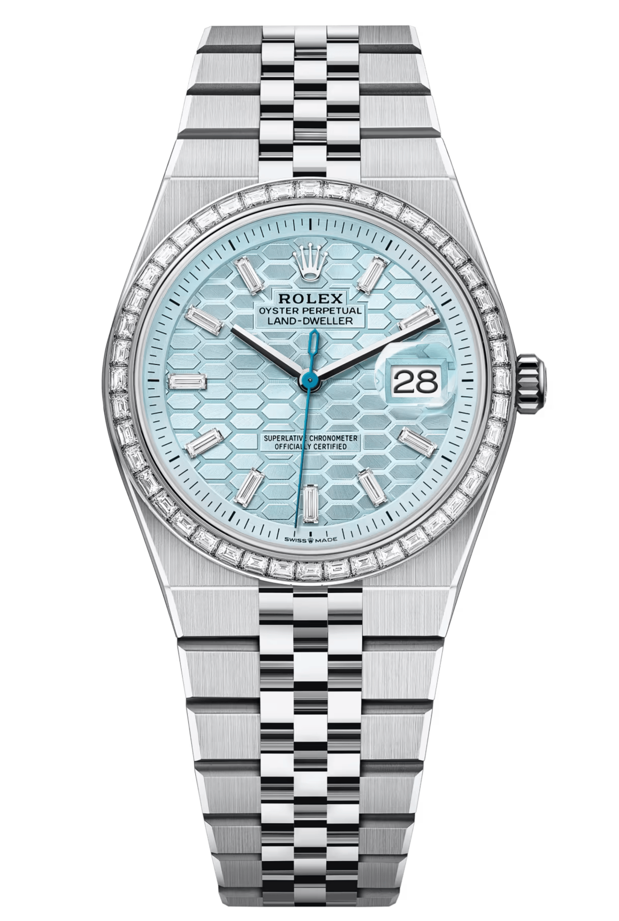 Rolex Land-Dweller 127286TBR 36 mm Platinum Ice Blue Honeycomb Dial Diamond Baguette Markers Flat Jubilee – New 2025