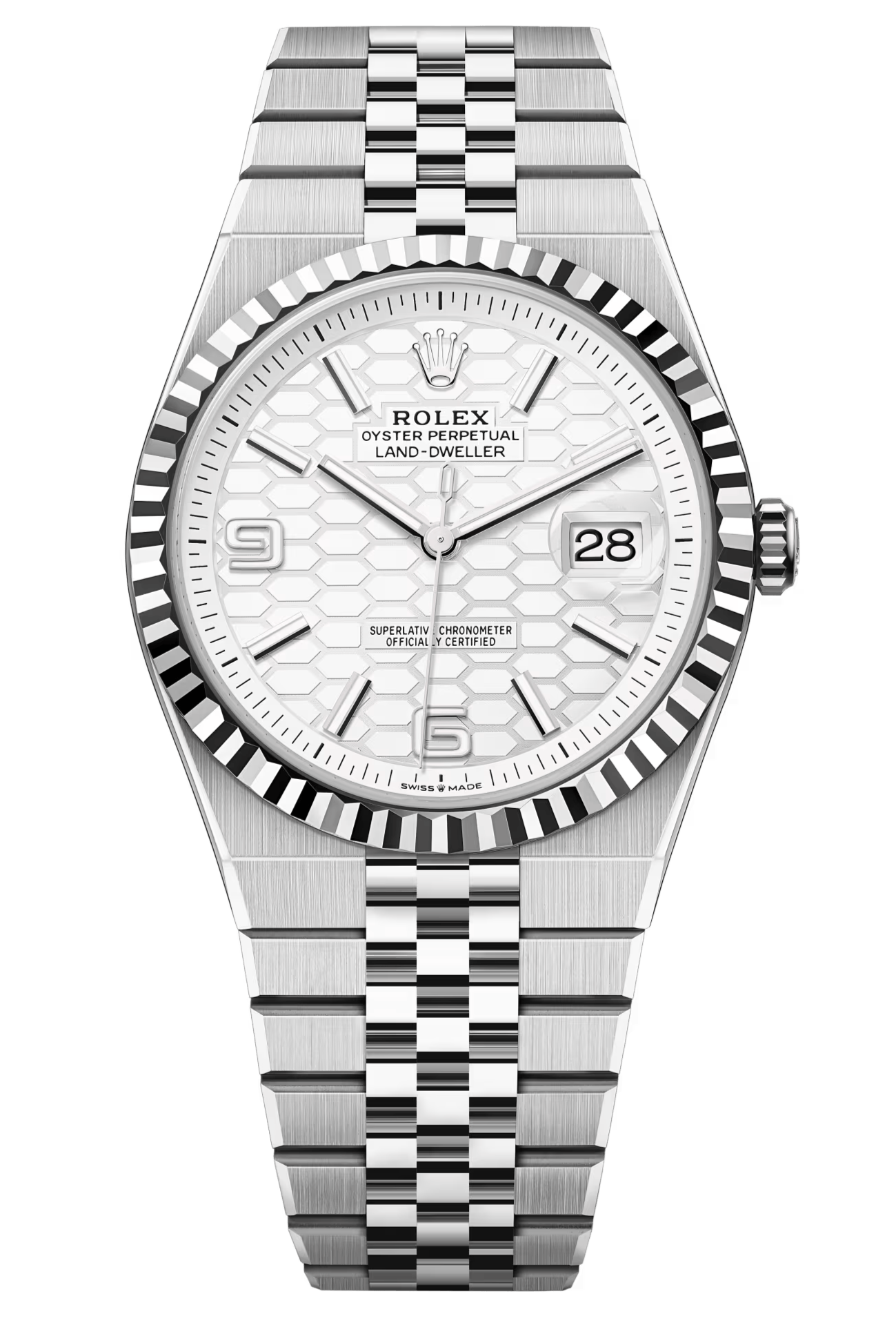 Rolex Land-Dweller 127334 40mm White Honeycomb Dial Fluted Bezel Jubilee – New 2025