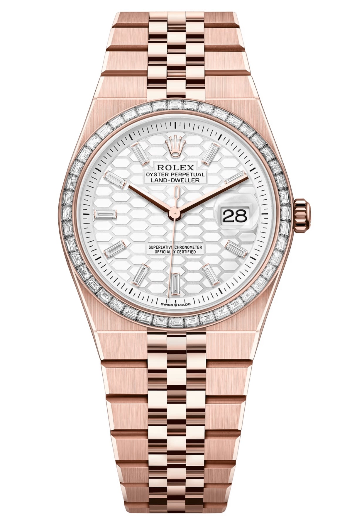 Rolex Land-Dweller 36 mm Everose Gold Diamond Bezel White Honeycomb-Motif