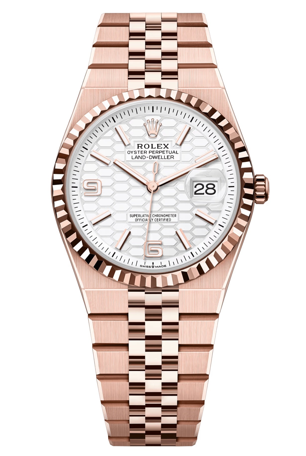 Rolex Land-Dweller 36mm Everose Gold Fluted Bezel White Honeycomb-Motif Dial