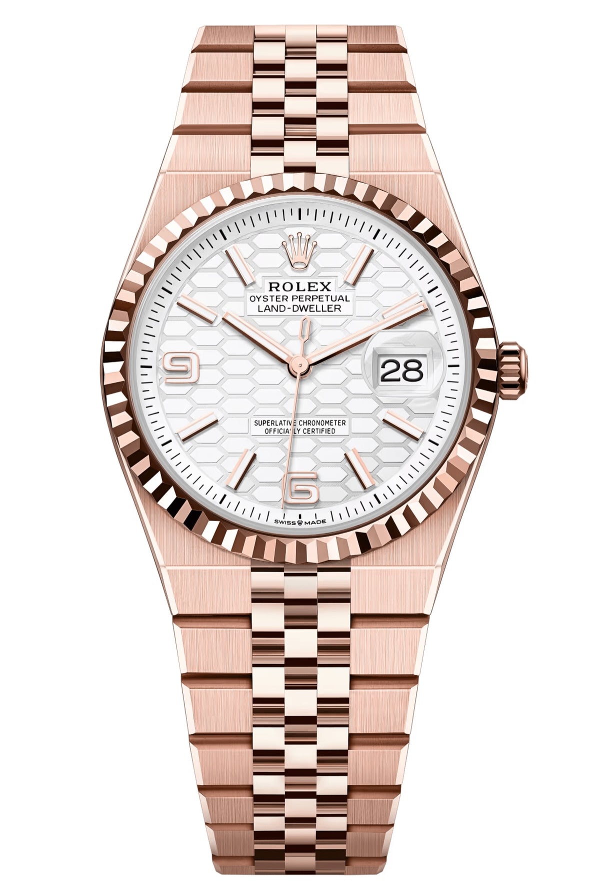Rolex Land-Dweller 36mm Everose Gold Fluted Bezel White Honeycomb-Motif Dial
