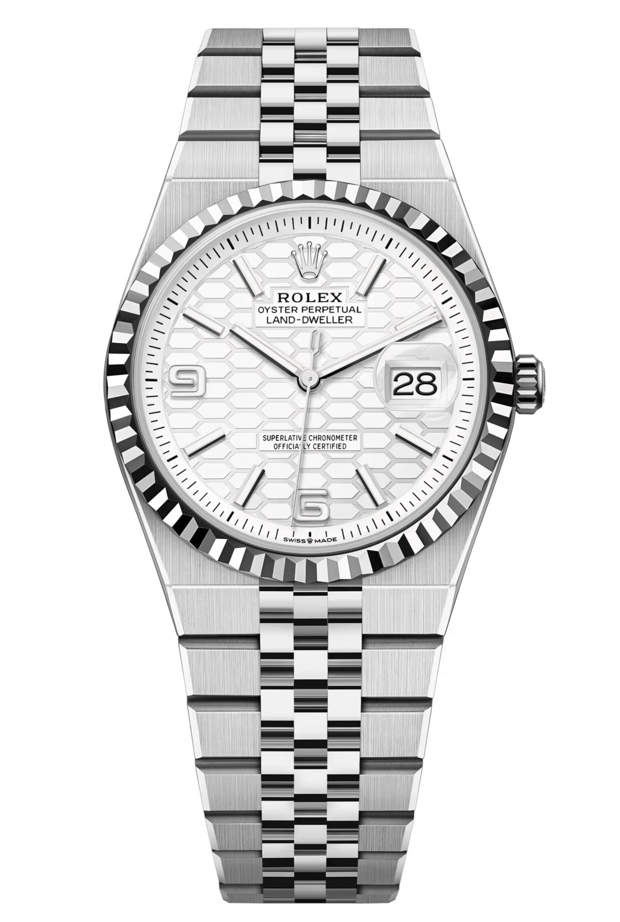 Rolex Land-Dweller 36mm Fluted Bezel White Honeycomb-Motif Dial Flat J