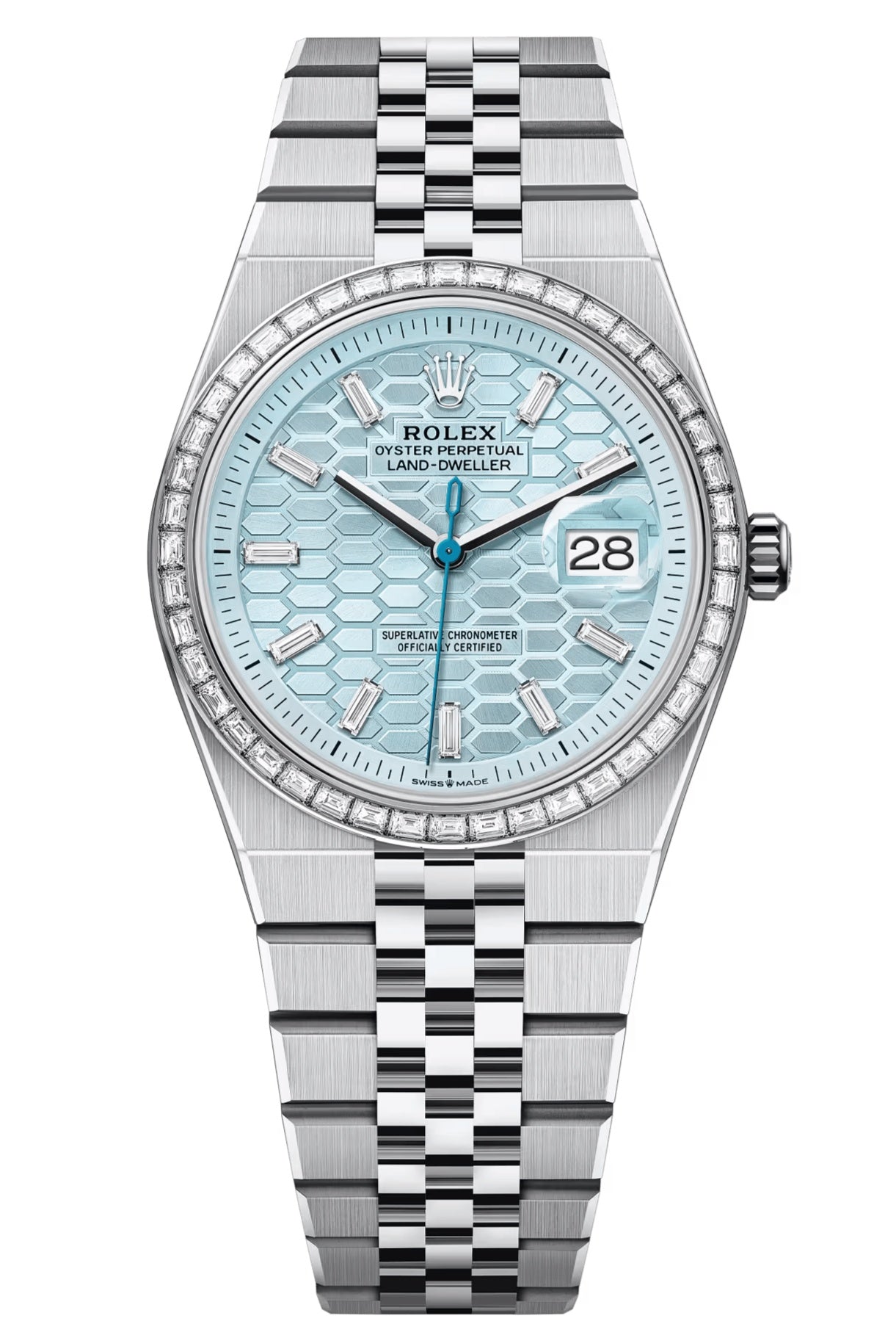 Rolex Land-Dweller 36mm Platinum Diamond Bezel Ice Blue Honeycomb-Motif Diamond