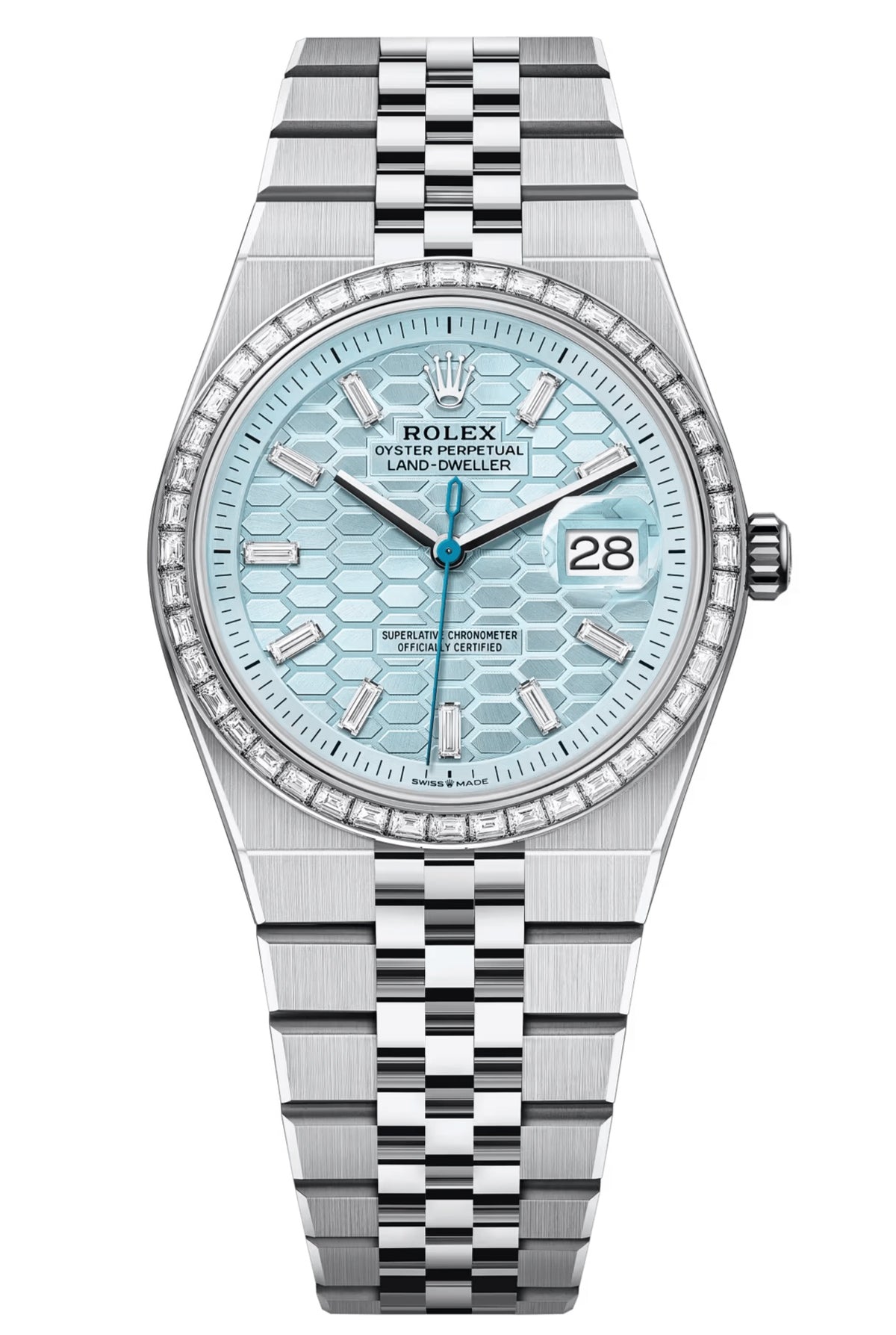 Rolex Land-Dweller 36mm Platinum Diamond Bezel Ice Blue Honeycomb-Motif Diamond