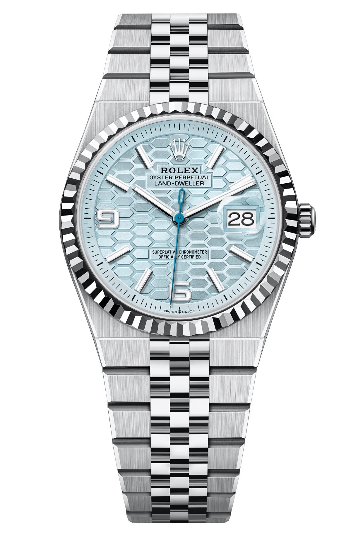 Rolex Land-Dweller 36mm Platinum Fluted Bezel Ice Blue Honeycomb-Motif