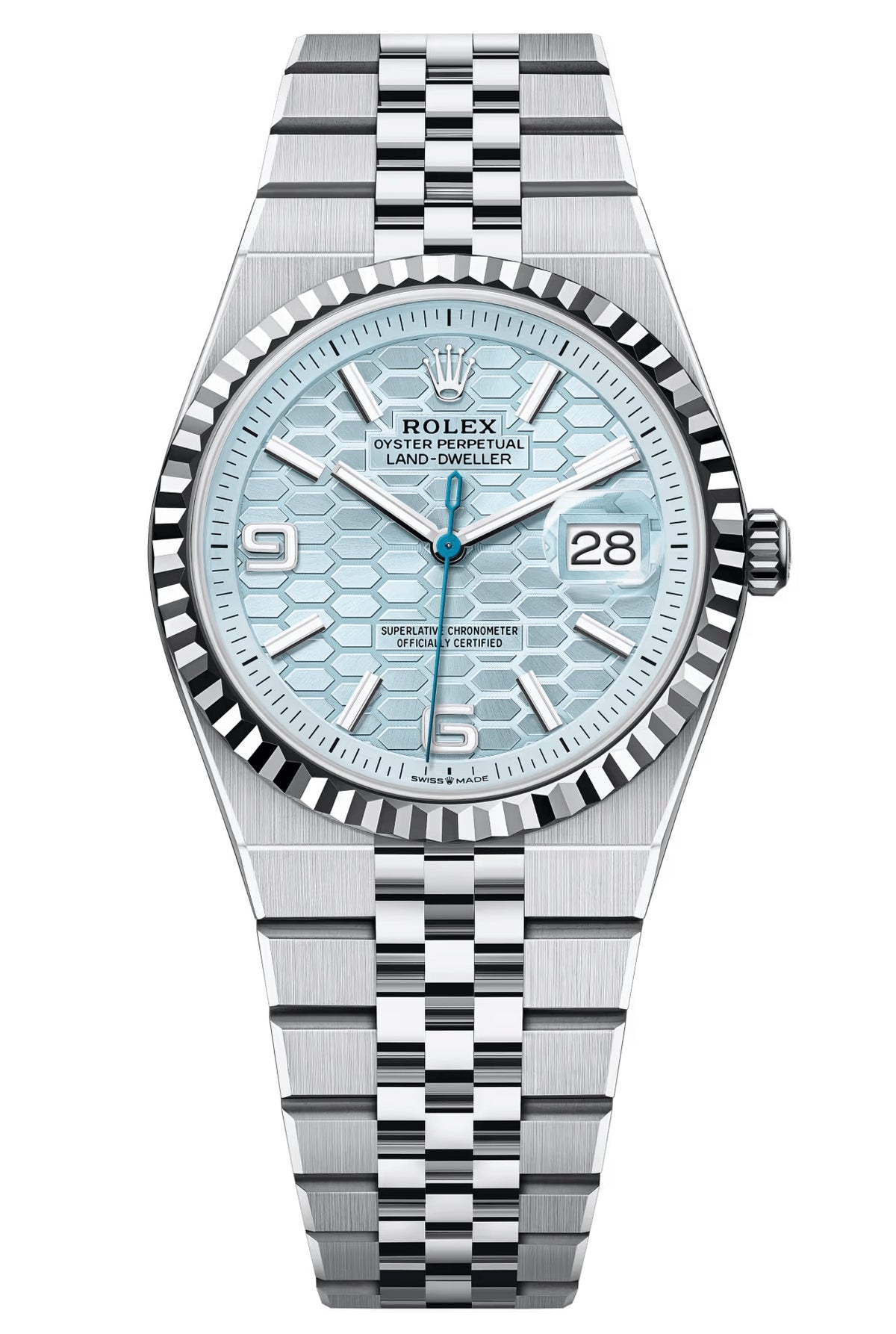 Rolex Land-Dweller 36mm Platinum Fluted Bezel Ice Blue Honeycomb-Motif Dial
