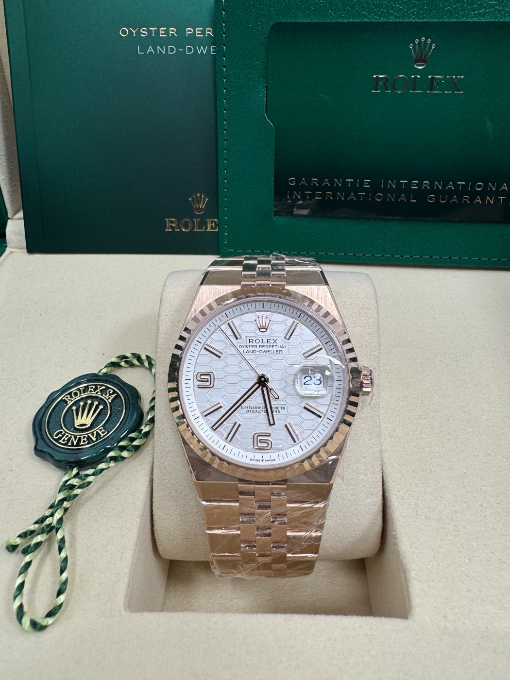 Rolex Land-Dweller 40mm Everose Gold Fluted Bezel White Honeycomb-Motif Dial