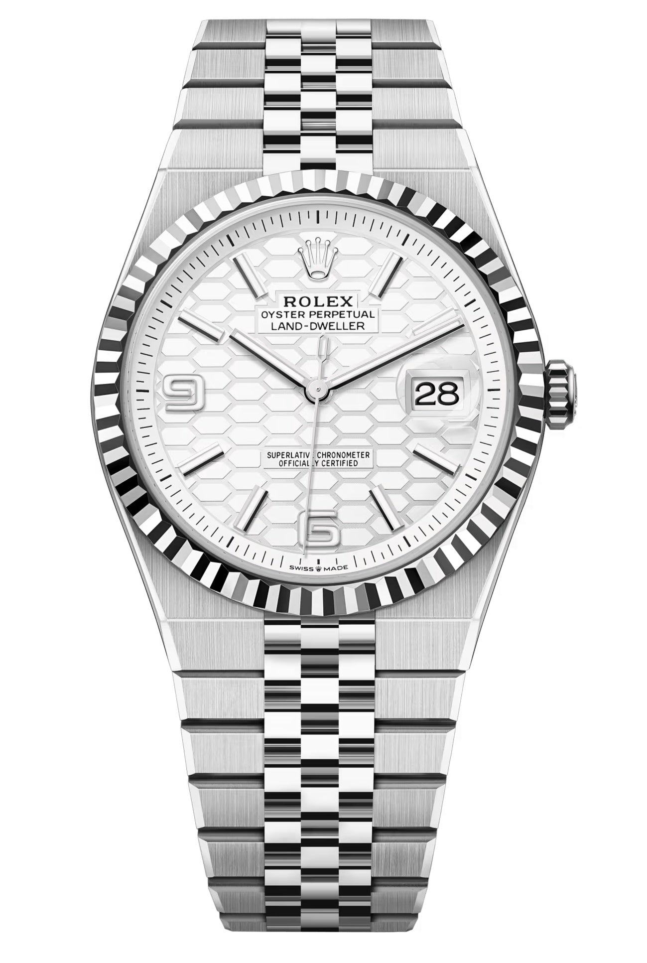 Rolex Land-Dweller 40mm Fluted Bezel White Honeycomb-Motif Dial Flat Jubilee