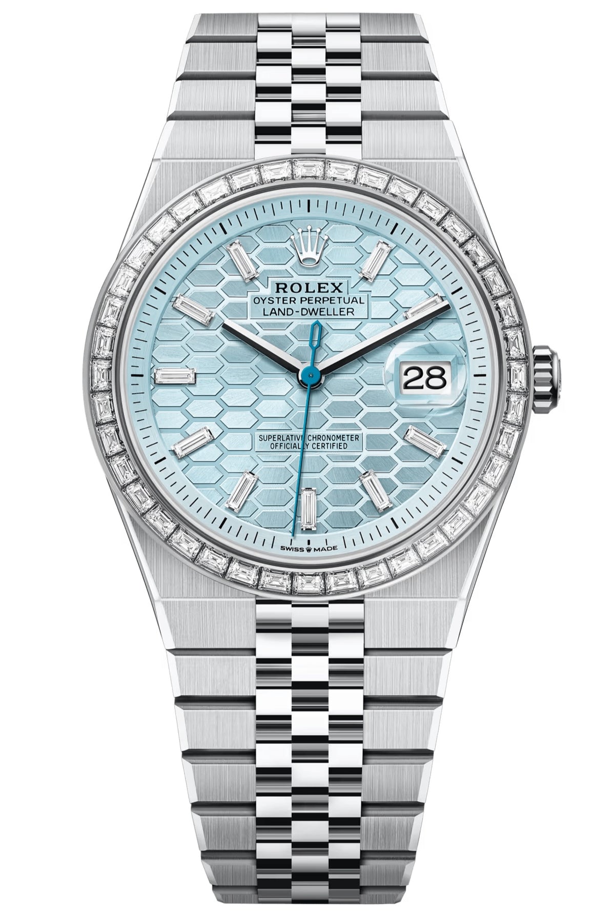 Rolex Land-Dweller 40mm Platinum Diamond Bezel Ice Blue Honeycomb-Motif Diamond