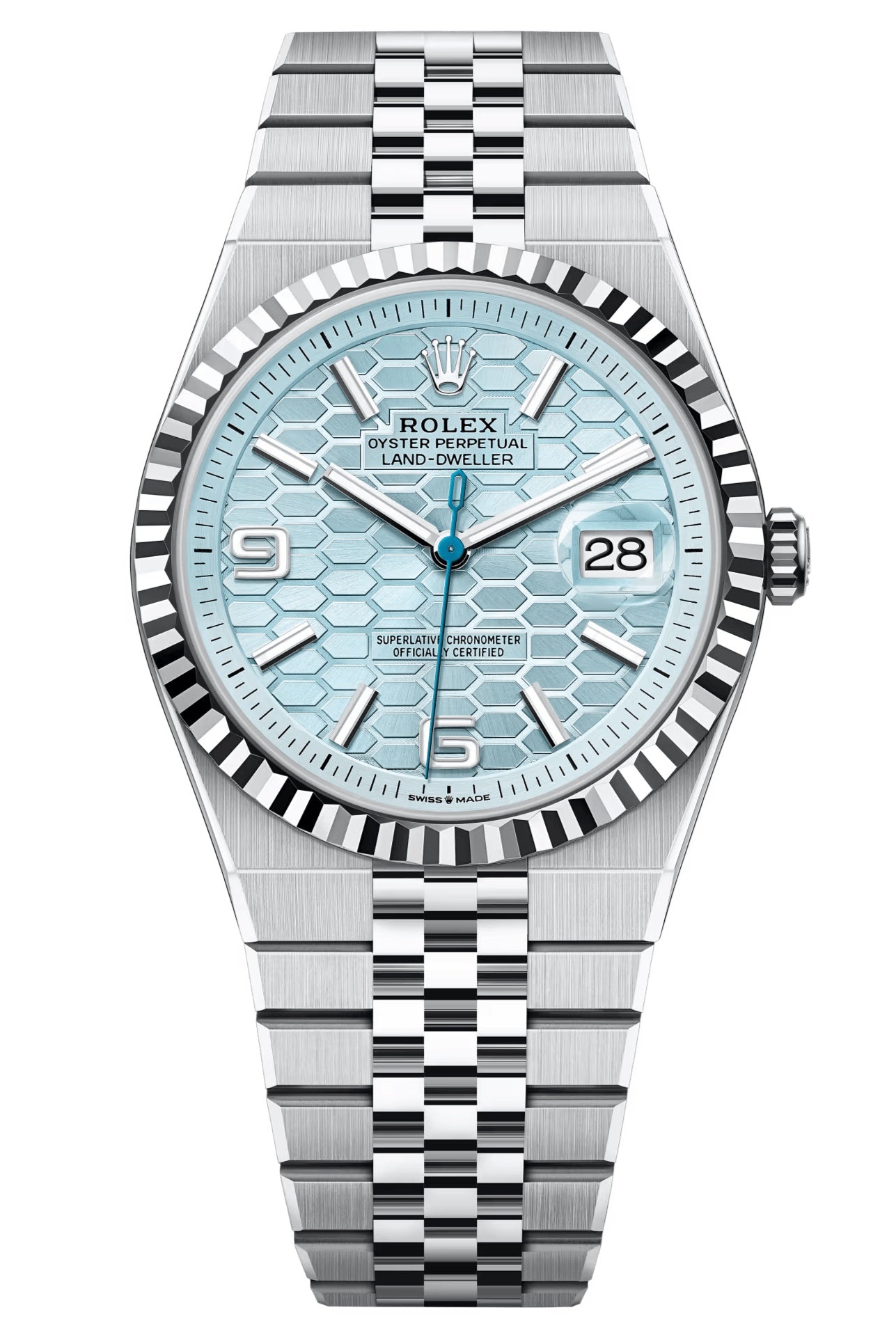 Rolex Land-Dweller 40mm Platinum Fluted Bezel Ice Blue Honeycomb-Motif Dial
