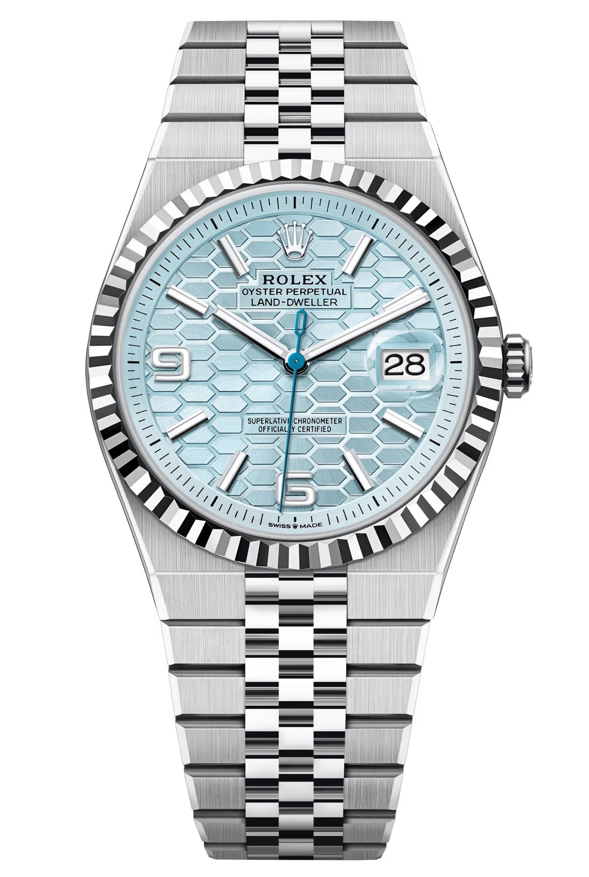 Rolex Land-Dweller 40mm Platinum Fluted Bezel Ice Blue Honeycomb-Motif Dial