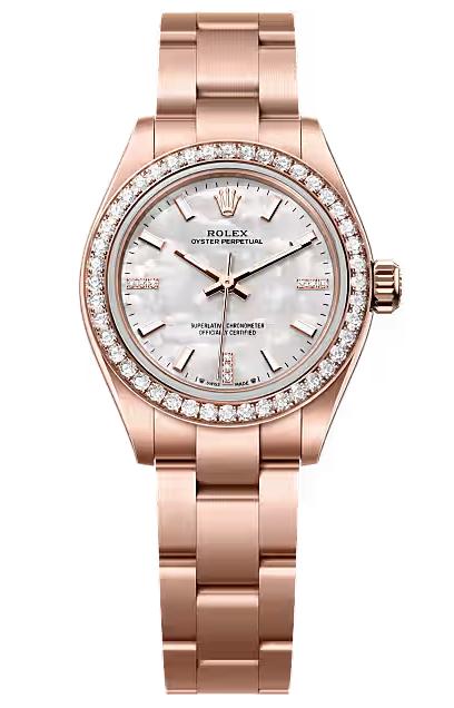 Rolex Oyster Perpetual 28 Everose Gold Mother of Pearl Diamond Dial Diamond
