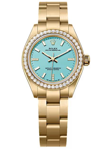 Rolex Oyster Perpetual 28 Yellow Gold Turquoise Blue Diamond Dial Diamond Bezel