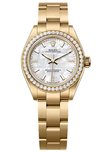 Rolex Oyster Perpetual 28 Yellow Gold White Mother of Pearl Diamond Dial Diamond