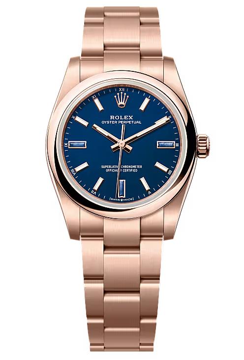Rolex Oyster Perpetual 34 Everose Gold Blue Stone Dial Oyster Bracelet 124205