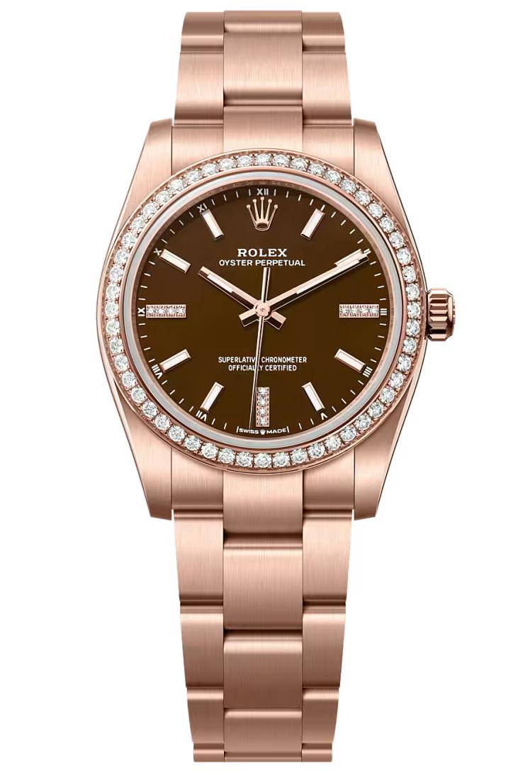 Rolex Oyster Perpetual 34 Everose Gold Brown Stone Diamond Dial Diamond