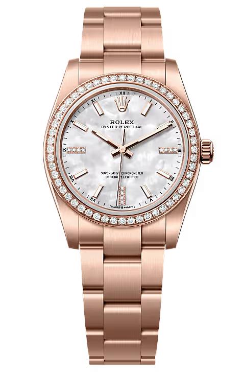 Rolex Oyster Perpetual 34 Everose Gold Mother of Pearl Diamond Dial Diamond