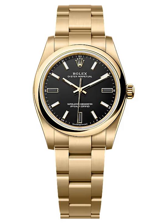 Rolex Oyster Perpetual 34 Yellow Gold Black Dial Oyster Bracelet 124208
