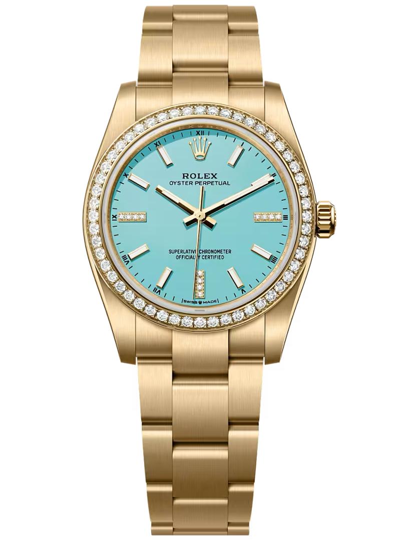Rolex Oyster Perpetual 34 Yellow Gold Turquoise Blue Diamond Dial Diamond Bezel