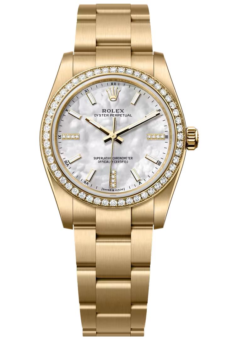 Rolex Oyster Perpetual 34 Yellow Gold White Mother of Pearl Diamond Dial Diamond
