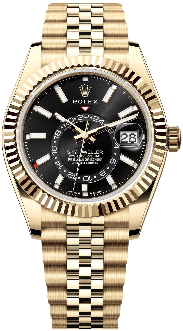 Rolex Sky-Dweller 42mm Yellow Gold Black Dial Jubilee Bracelet 336938 – New