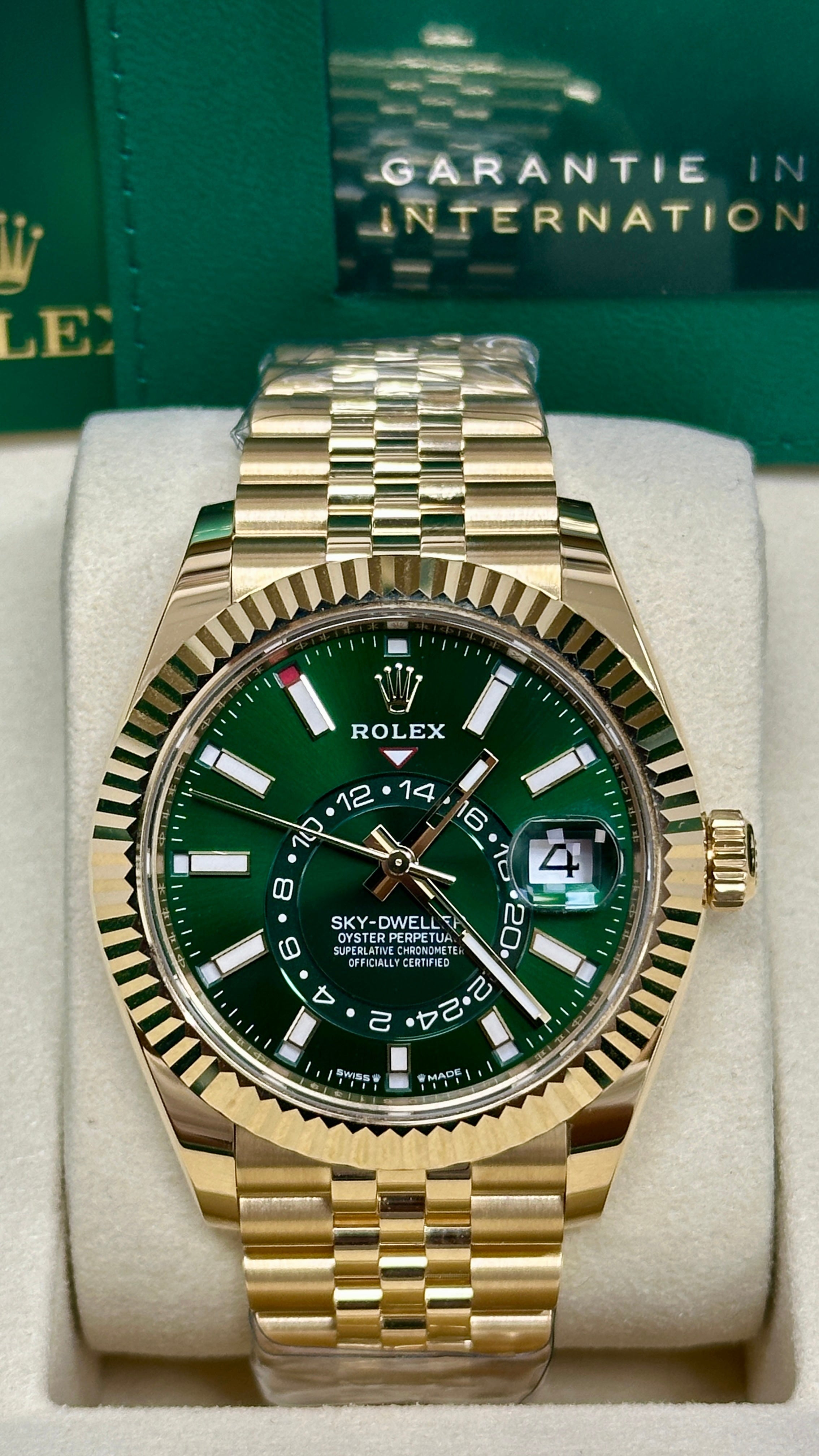 Rolex Sky-Dweller 42mm Yellow Gold Bright Green Dial Jubilee Bracelet 336938