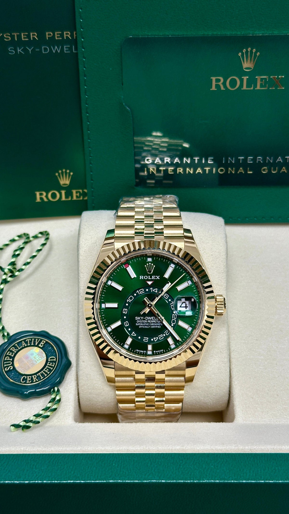 Rolex Sky-Dweller 42mm Yellow Gold Bright Green Dial Jubilee Bracelet 336938