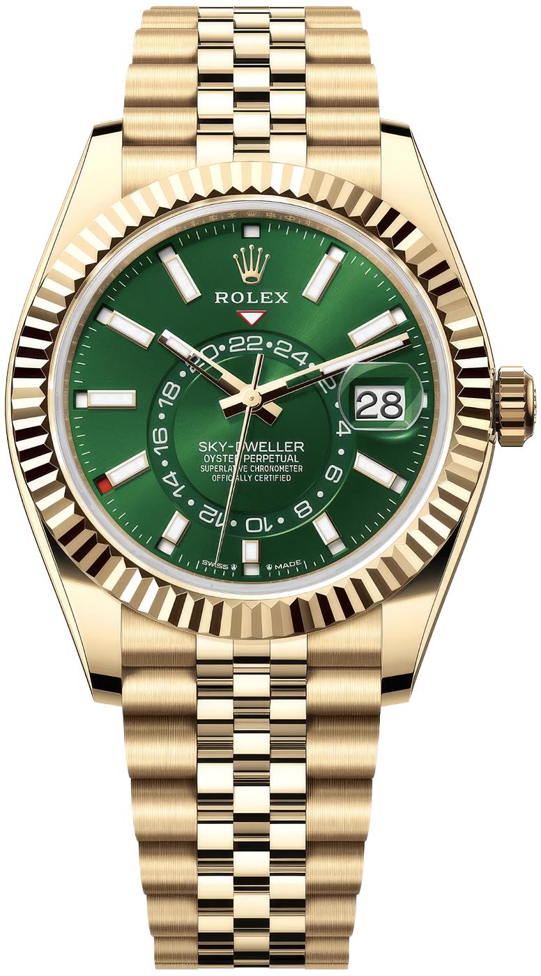 Rolex Sky-Dweller 42mm Yellow Gold Bright Green Dial Jubilee Bracelet 336938