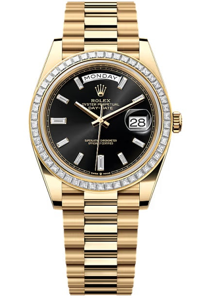 Rolex Yellow Gold President Day Date 40mm Black Diamond Baguette Dial Trapeze