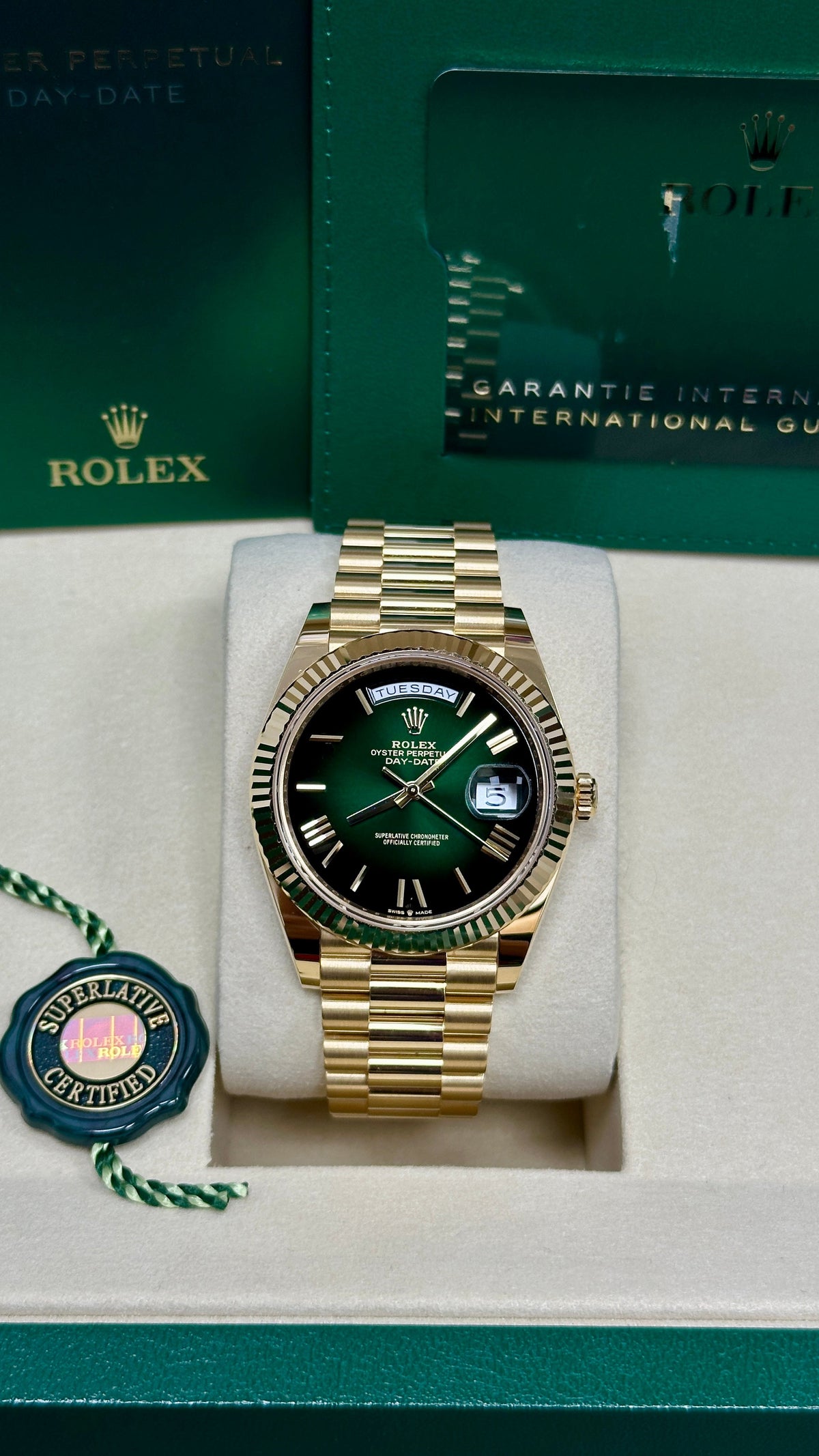 Rolex Yellow Gold President Day Date 40mm Green Roman Ombre Dial - 228238