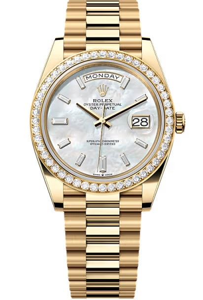 Rolex Yellow Gold President Day Date 40mm Mother of Pearl Diamond Baguette Dial