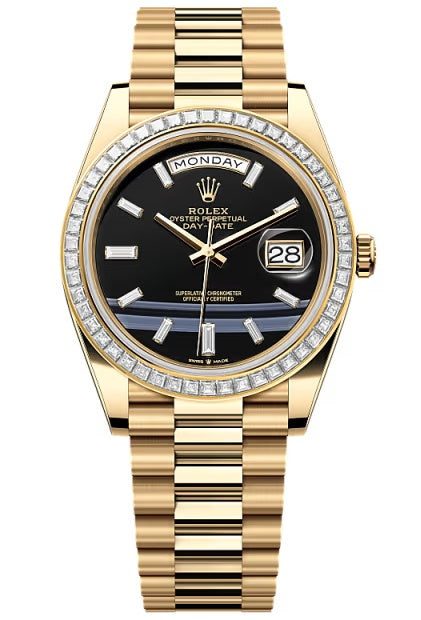 Rolex Yellow Gold President Day Date 40mm Onyx Diamond Dial Trapeze Diamond
