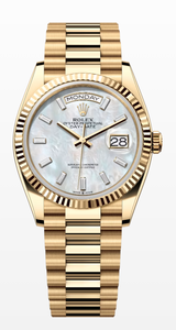 Rolex Day-Date "President" 36mm Yellow Gold Mother of Pearl Diamond Baguette Dial - 128238 - New 2025