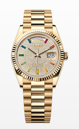 Rolex Day-Date "President" 36mm Yellow Gold Rainbow Diamond Pave Dial - 128238 - New 2025