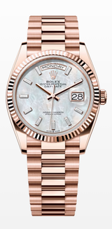 Rolex Day-Date "President" 36mm Everose Mother of Pearl Diamond Baguette Dial - 128235 - New 2025