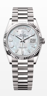 Rolex Day-Date "President" 36mm White Gold Mother of Pearl Diamond Baguette Dial - 128239 - New 2025