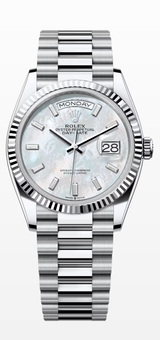 Rolex Day-Date “President” 36mm Platinum Mother of Pearl Diamond Baguette Dial – 128236 – New 2025