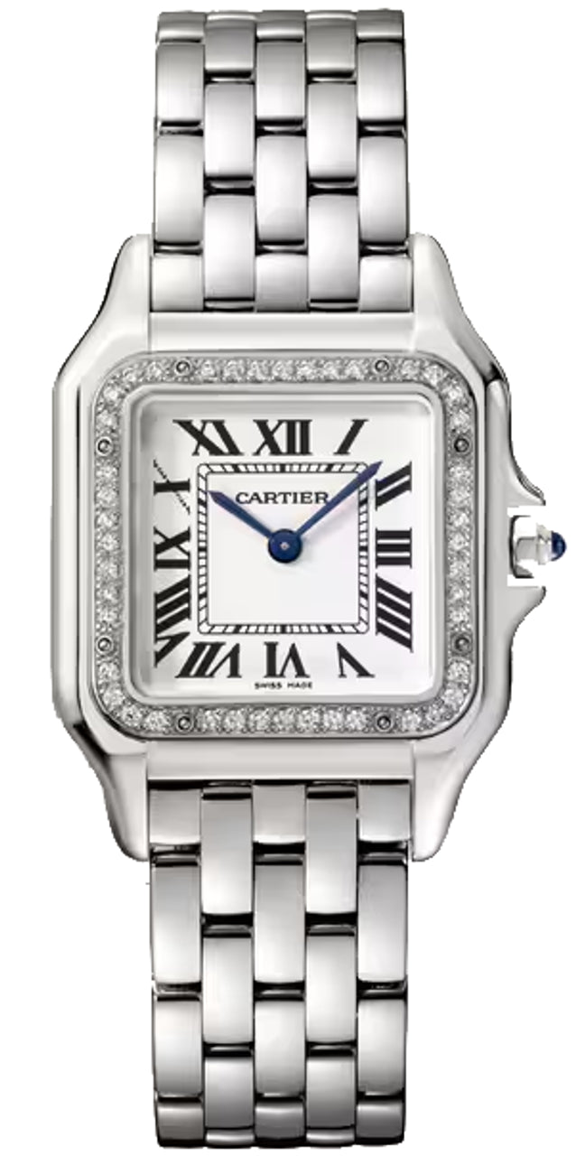 Panthẻre De Cartier Medium Stainless Steel Silvered Roman Dial Diamond Bezel - W4PN0018 - New 2025