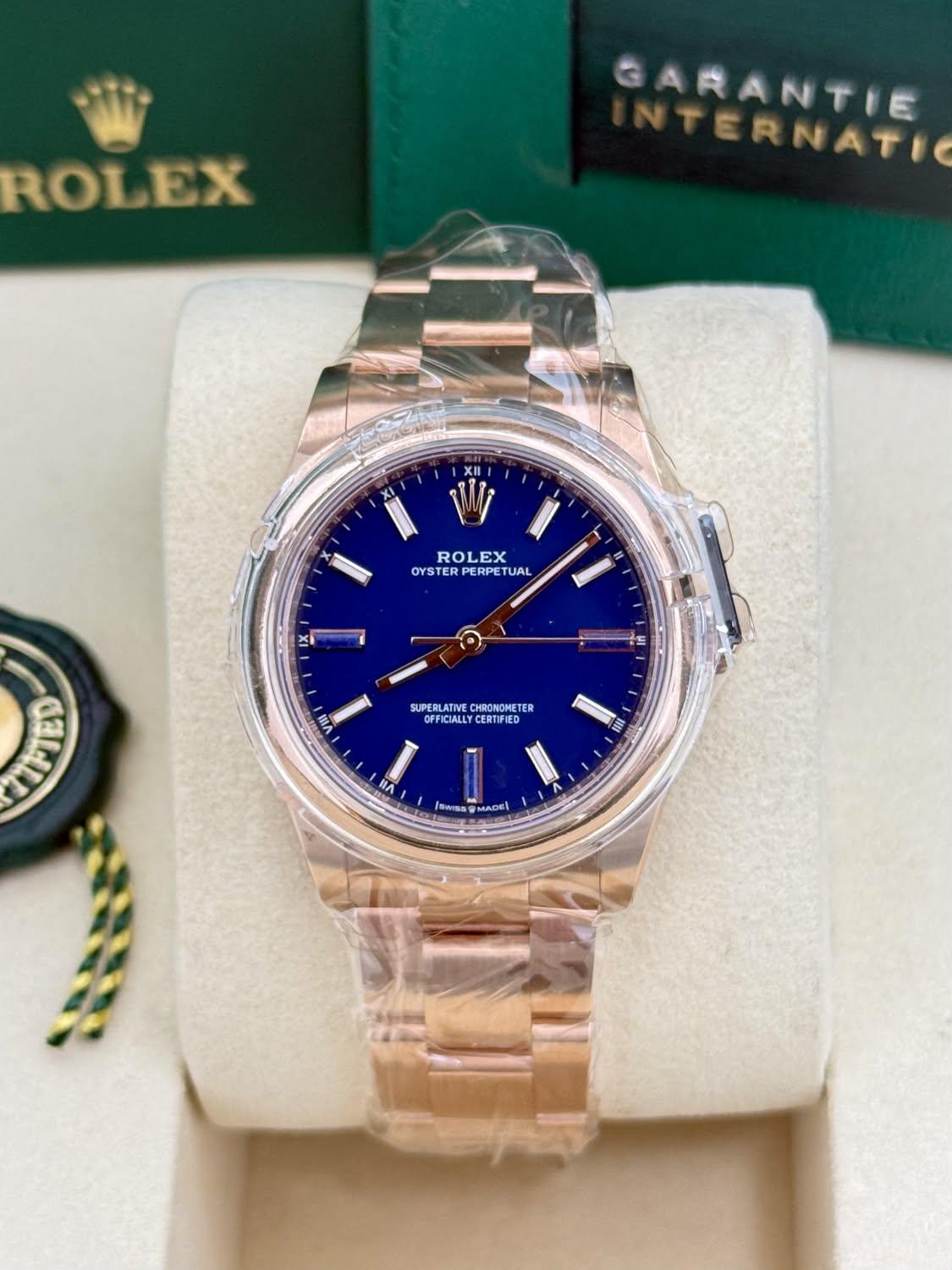 Rolex Oyster Perpetual 34 Everose Gold Blue Stone Dial Oyster Bracelet 124205