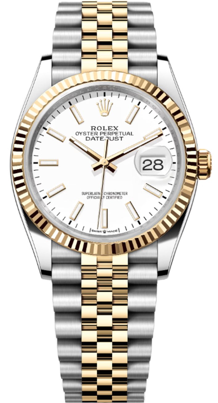 Rolex Datejust 36mm Two-Tone Yellow Gold White Index Dial Fluted Bezel Jubilee Bracelet 126233 – New 2025