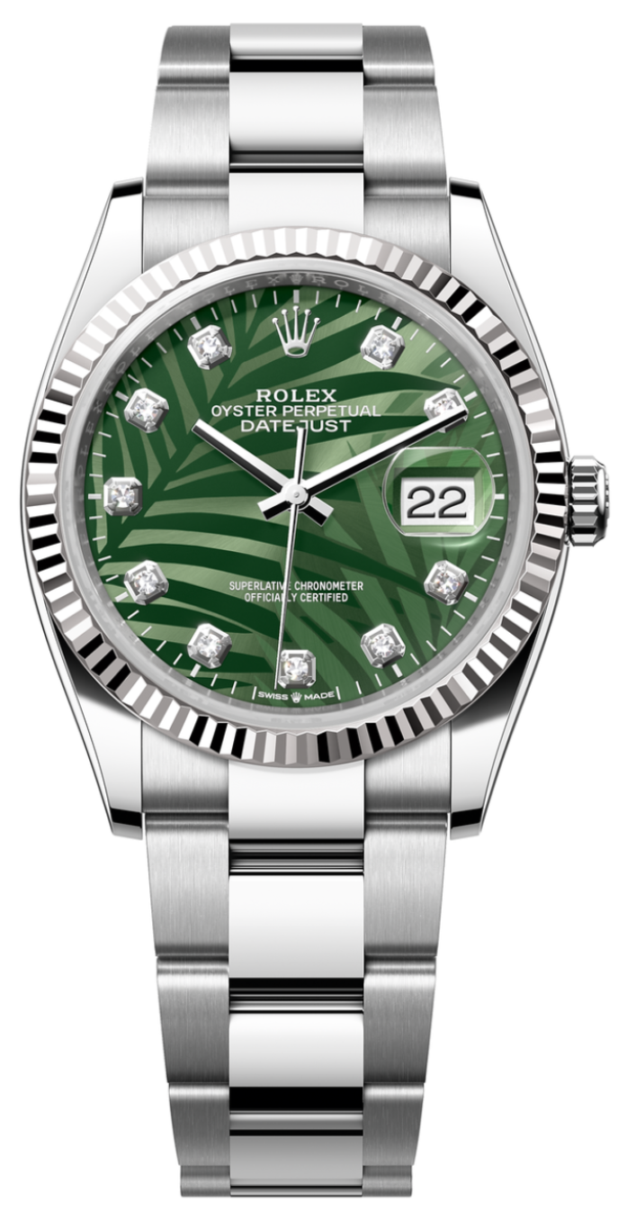 Rolex Datejust 36mm Fluted Bezel Green Palm Diamond Dial Oyster 1262 Gamzo Co