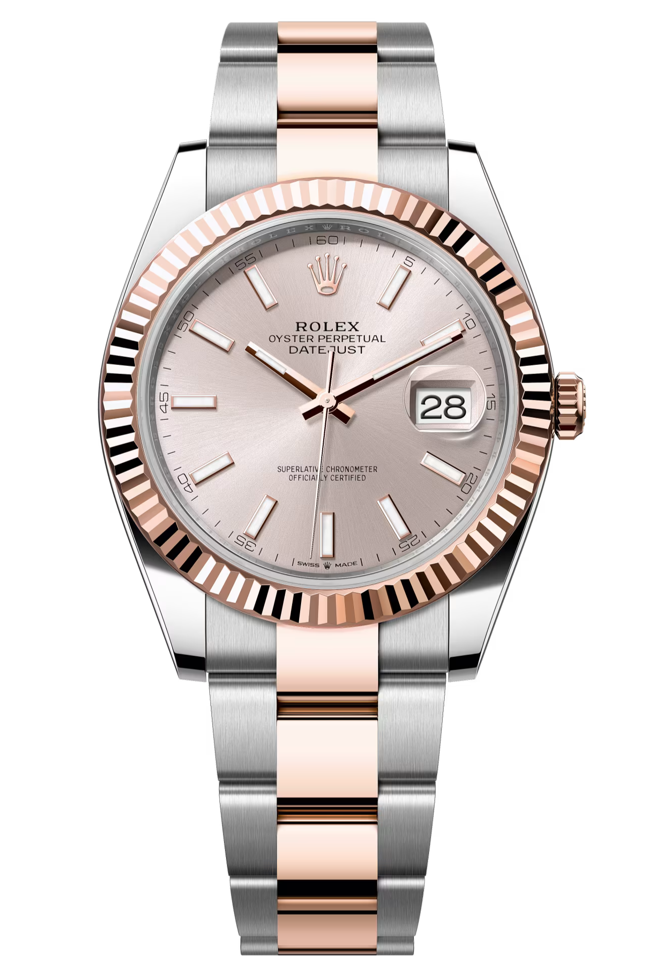 Rolex Datejust 41mm Two-Tone Everose Gold Sundust Index Dial Fluted Bezel Oyster Bracelet 126331 – New 2025