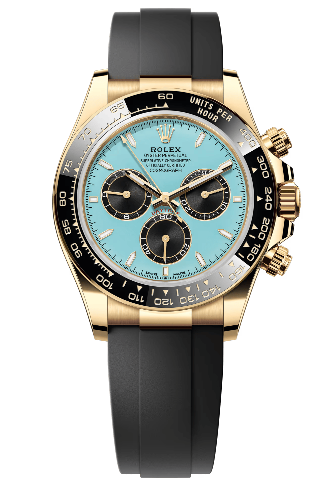 Rolex Cosmograph Daytona "Tiffany" 40mm Yellow Gold Turquoise Blue and Black Dial Black Ceramic Bezel Oysterflex 126518LN – New 2025
