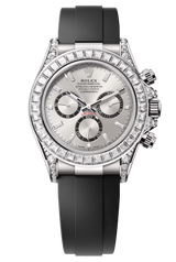 Rolex Cosmograph Daytona 40mm White Gold Diamond Baguette Silver Dial Diamond Bezel Oysterflex - 126539RBR - New 2025
