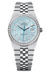 Rolex Land-Dweller 36mm Platinum Fluted Bezel Ice Blue Honeycomb-Motif Diamond Baguette Dial Flat Jubilee - 127286TBR - New 2025 Release Coming Soon