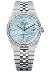 Rolex Land-Dweller 40mm Platinum Fluted Bezel Ice Blue Honeycomb-Motif Diamond Baguette Dial Flat Jubilee - 127386TBR - New 2025 Release Coming Soon