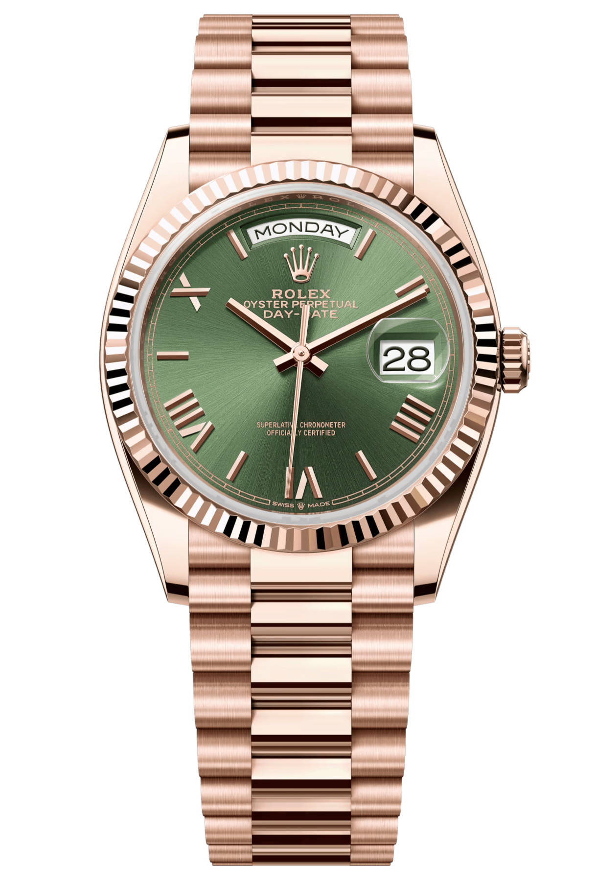 Rolex Day-Date 36mm Everose Gold Olive Green Roman Dial President Bracelet – 128235 – New 2025