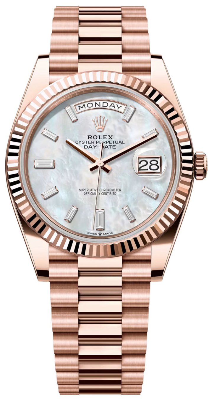 Rolex Day-Date "President" 40mm Everose Gold Mother of Pearl Diamond Baguette Dial - 228235 - New 2025 / 2026